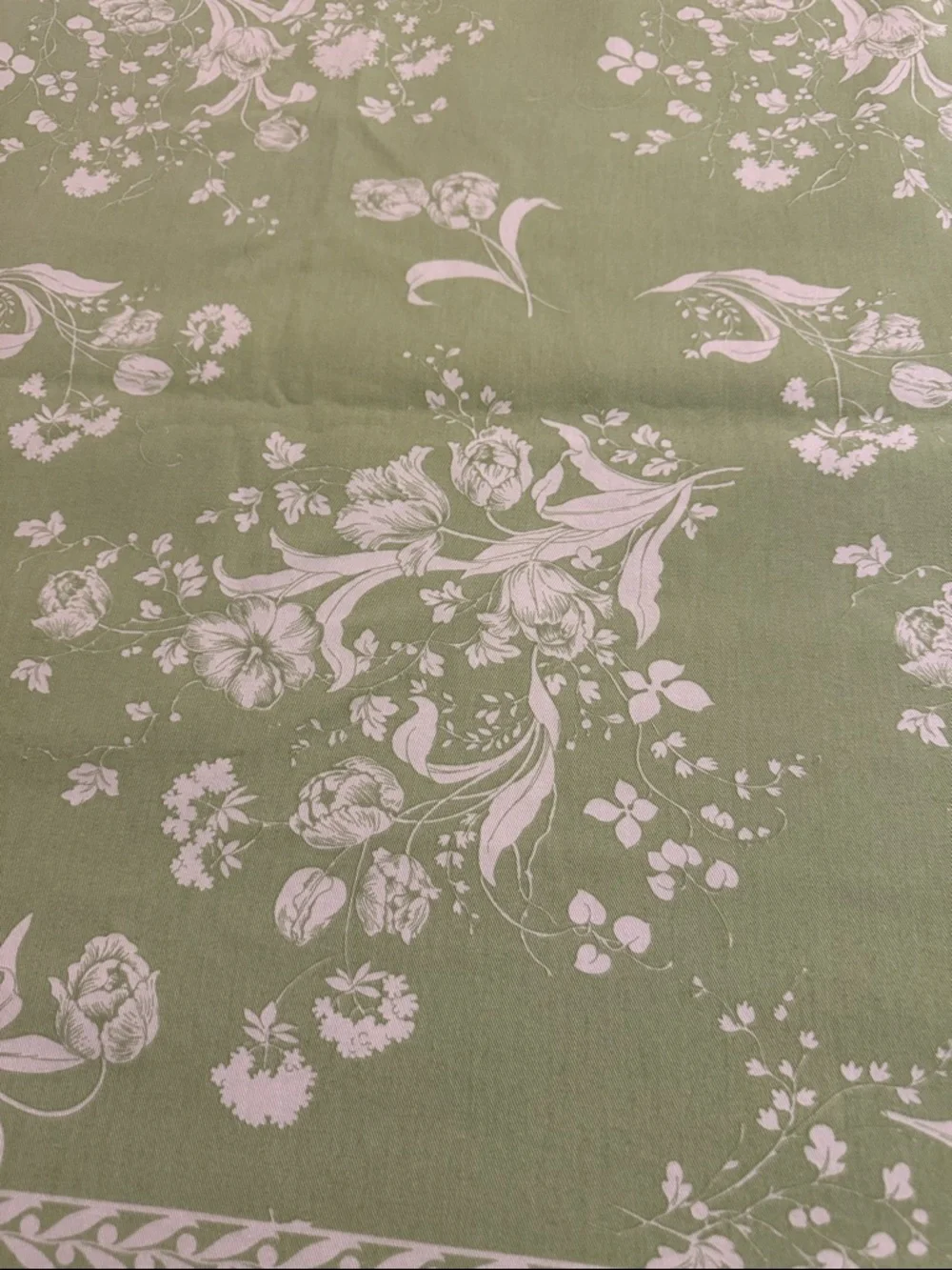 Williams Sonoma Sage Green Tablecloth with White Floral Motif- 70x90”